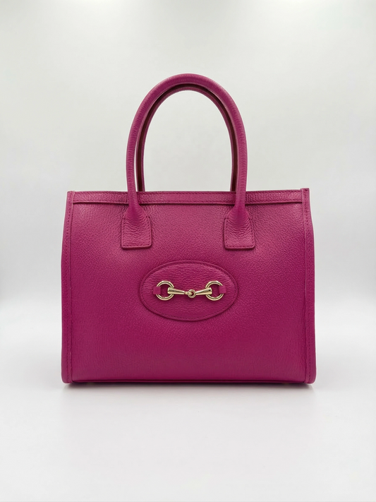 Grainy leather tote bag with light-colored clamp detail