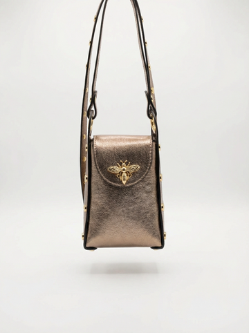 Vertical Mini Leather Phone Crossbody Bag | Gold Bee Emblem Studded Strap Small Shoulder Purse