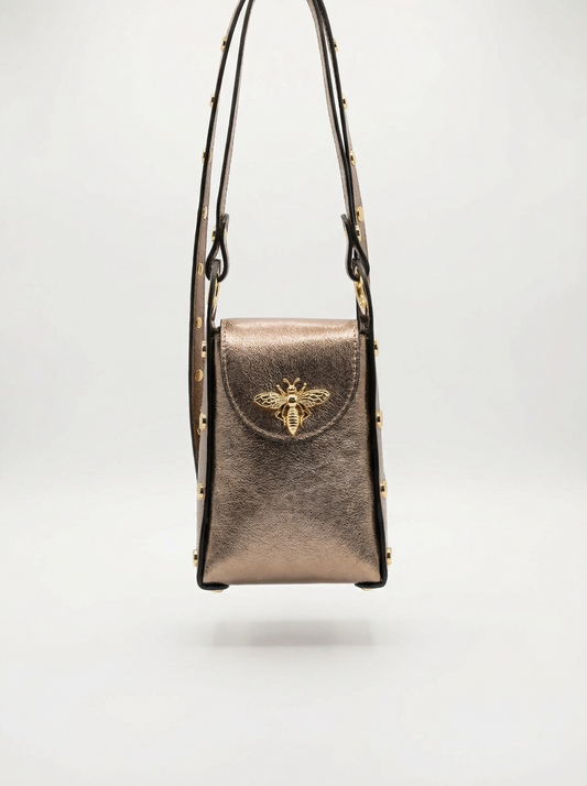 Vertical Mini Leather Phone Crossbody Bag | Gold Bee Emblem Studded Strap Small Shoulder Purse
