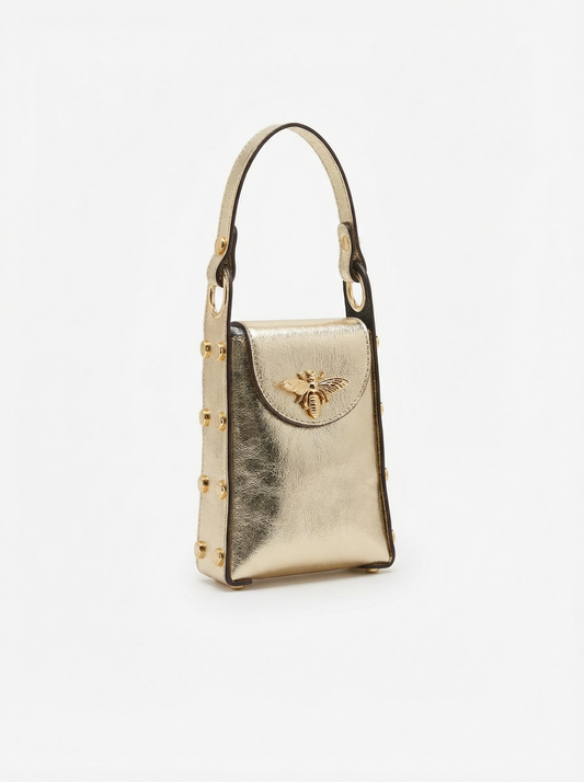 Vertical Mini Leather Phone Crossbody Bag | Gold Bee Emblem Studded Strap Small Shoulder Purse