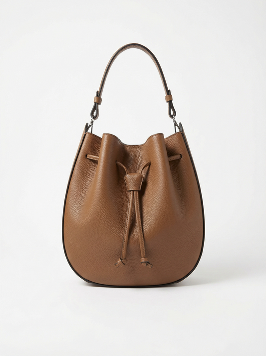 Genuine grained leather bucket bag with drawstring