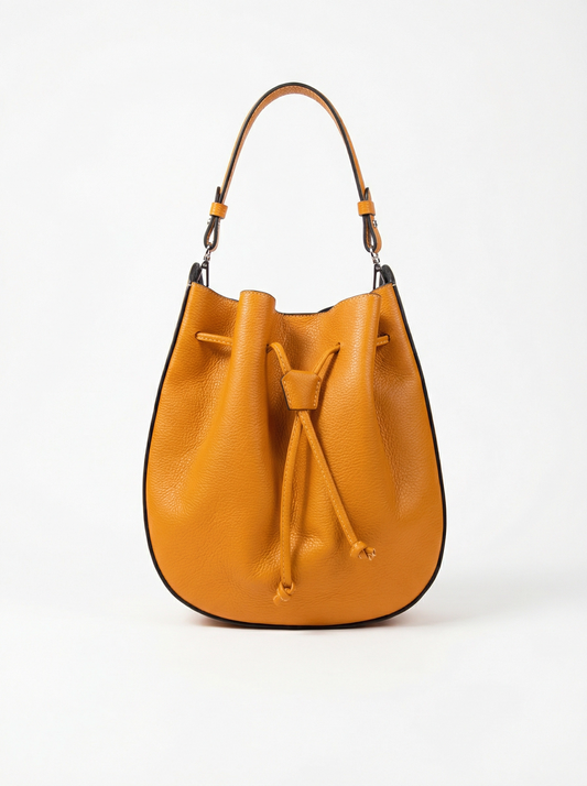 Genuine grained leather bucket bag with drawstring