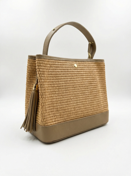 Bag combines natural woven materials with fine leather