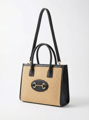 Woven straw and light-coloured leather tote bag