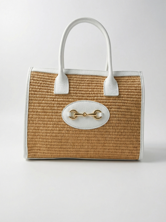 Woven straw and light-coloured leather tote bag