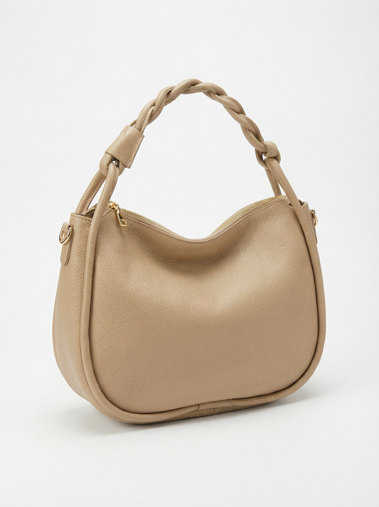 Half-moon shoulder bag with braided strap | Casual design with elegant light-colored details