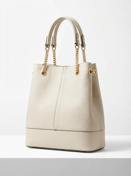 Granulated leather tote bag with metallic chain