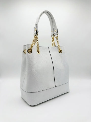 Granulated leather tote bag with metallic chain
