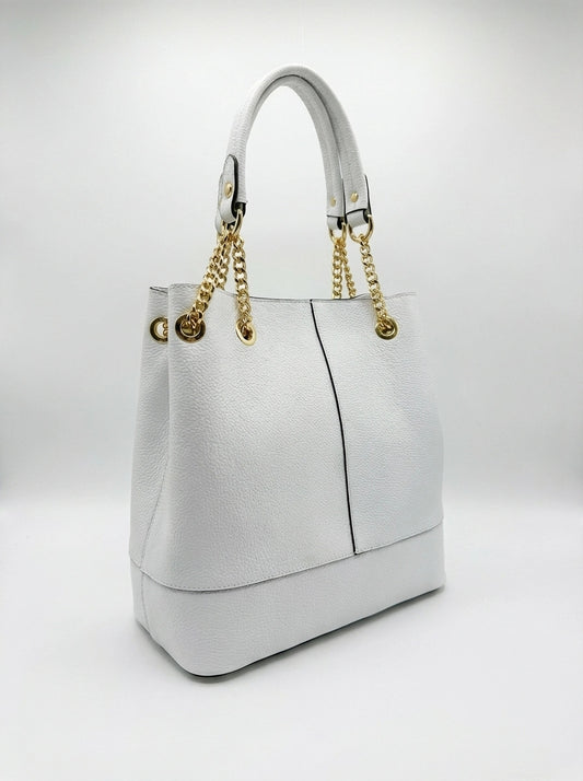 Granulated leather tote bag with metallic chain