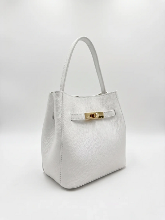 Full-Grain Leather Bucket Bag with Gold Buckle