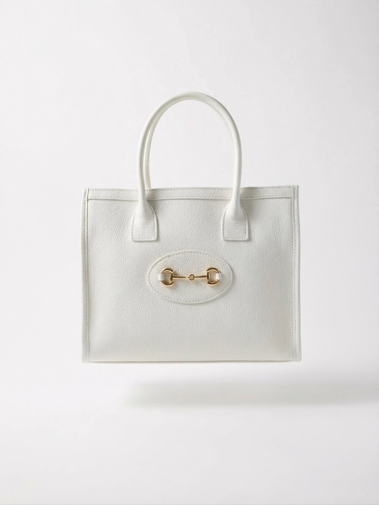 Grainy leather tote bag with light-colored clamp detail