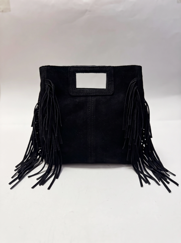 Genuine Suede Leather Tote Bag | Square Cutout Handle Handbag with Side Fringe