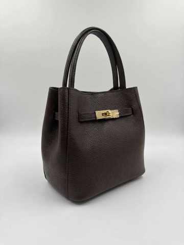 Full-Grain Leather Bucket Bag with Gold Buckle