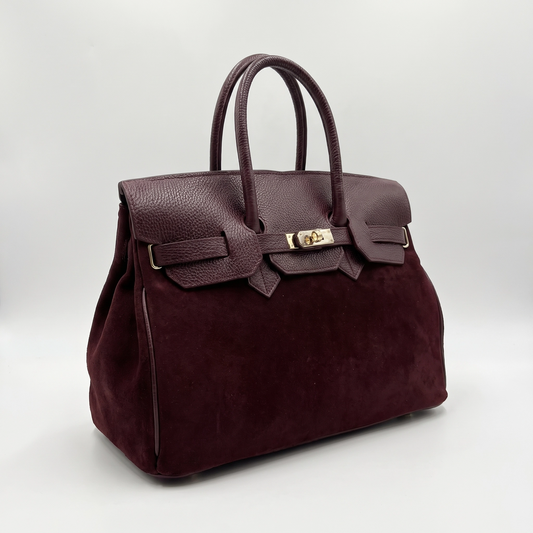 Genuine Suede & Full Grain Leather Handbag | Structured Top Handle Satchel with Turn Lock Closure