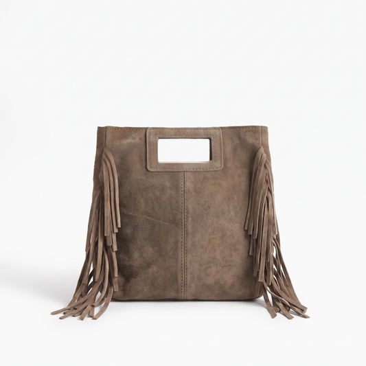 Genuine Suede Leather Tote Bag | Square Cutout Handle Handbag with Side Fringe