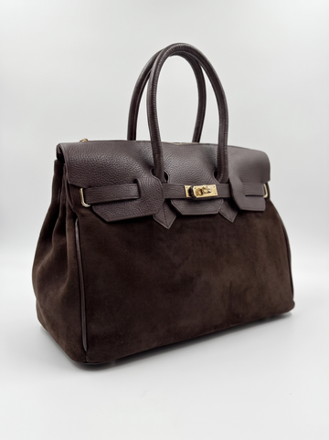 Genuine Suede & Full Grain Leather Handbag | Structured Top Handle Satchel with Turn Lock Closure