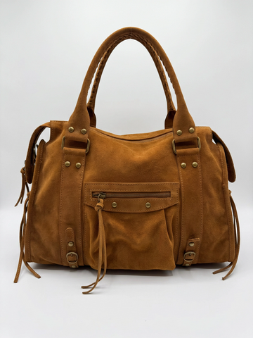 Soft Distressed Genuine Leather Satchel Bag | Braided Handle Boho Handbag with Fringe Details